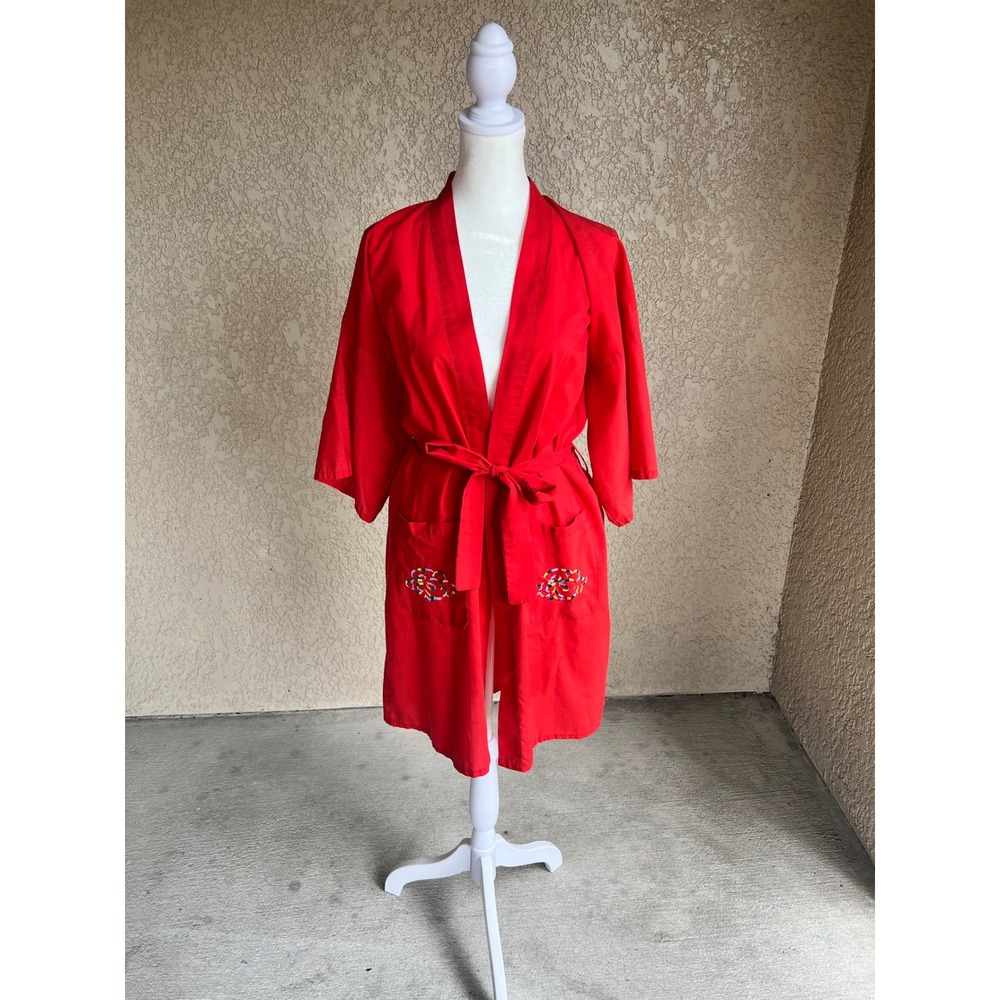 Vintage 70s Japan Red Cotton Tourist Robe Embroidered Dragon Wrap Souvenir